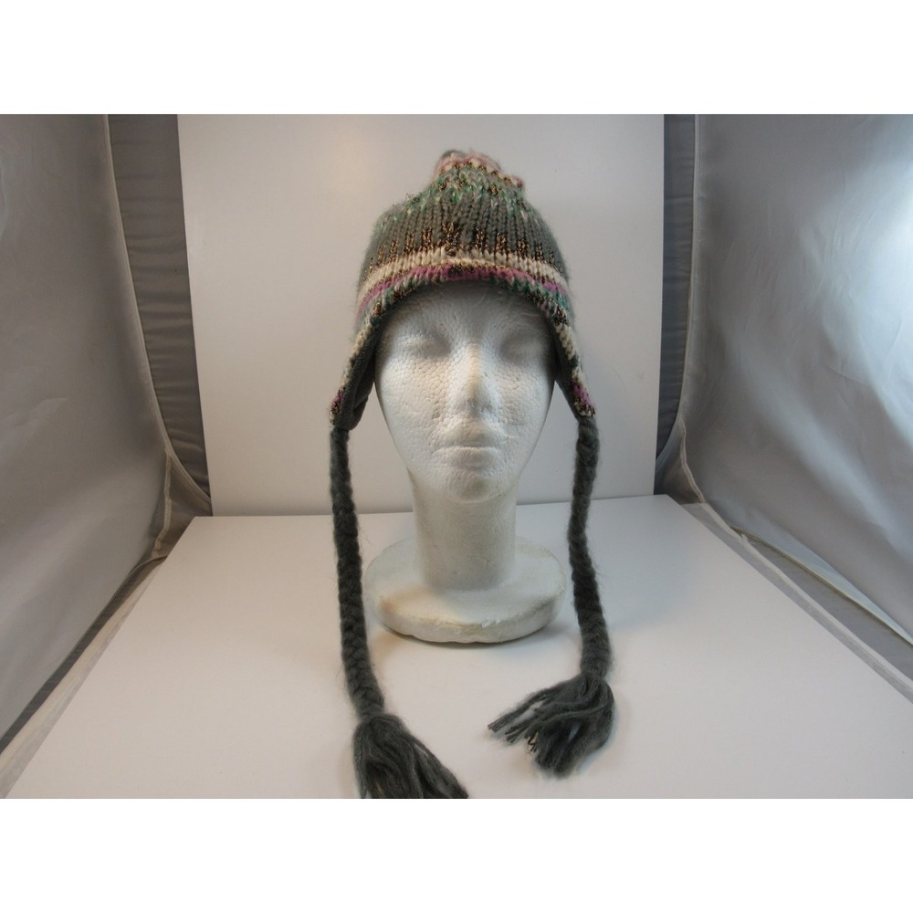 Winter Knit Pom Pom Hat Women's One Size Dark Grey Ear Flap‎ Fleece Lined